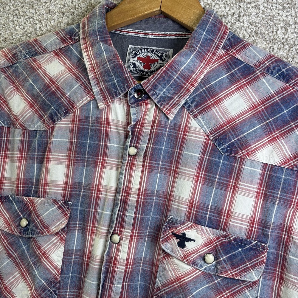 Flag & Anthem Shirt Mens Large Blue Red‎ Plaid Long Sleeve Pearl Snap Western